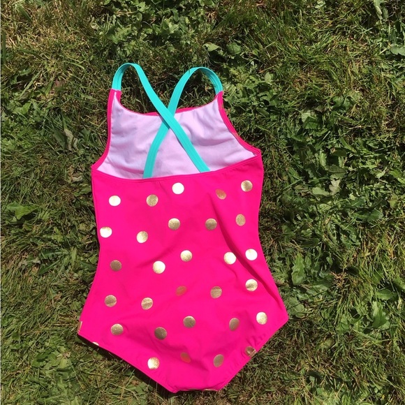 NWOT Mini Boden Cross-back One Piece Swimsuit Pink Gold Foil Spots 13-14 years - Picture 4 of 5